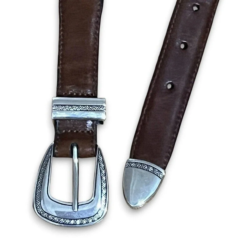 Vintage Western Concho Belt Genuine Brown Leather Silver Buckle Men’s 40